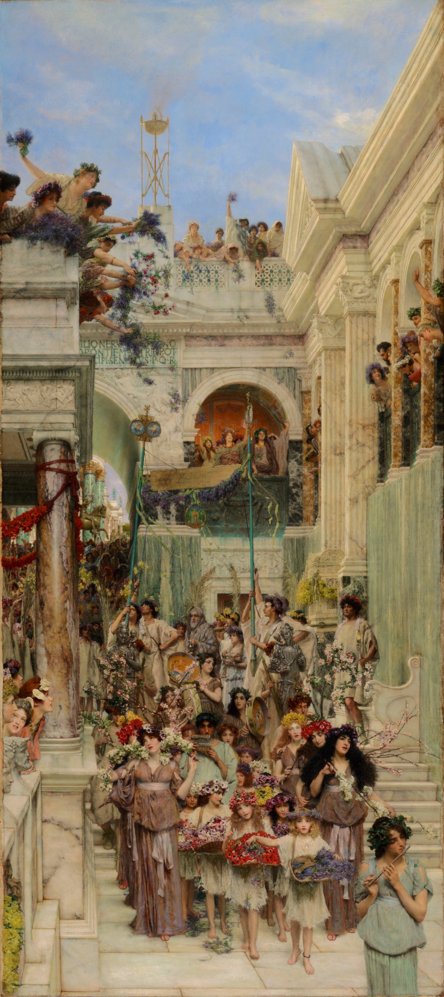 Lawrence Alma-Tadema, painting titled Spring c. 1894, with parade of people in a town